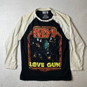 KISS Love Gun Band T-Shirt Mens Large Black White Raglan Long Sleeve Graphic Tee